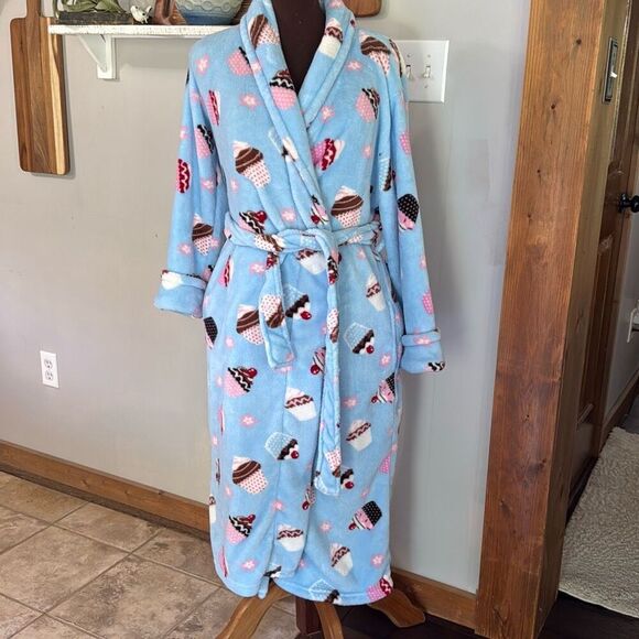 Oscar de la Renta womens plush cupcake bathrobe size small medium blue cozy comf - Picture 1 of 8